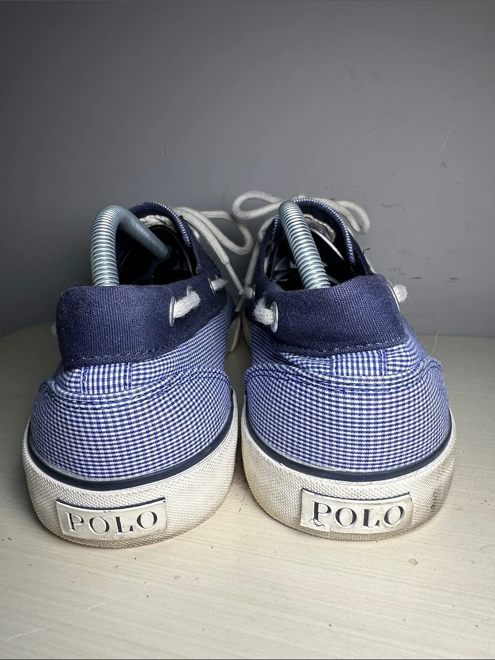 Polo Ralph Lauren Lander mini gingham Navy and Light Blue Canvas Boat Shoes